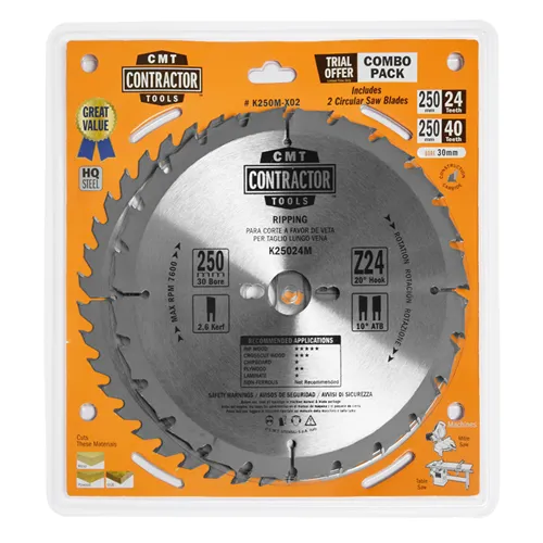 CMT Sada Contractor Pilových kotoučů na dřevo - D250x2,6 d30 Z24+Z40 HW, 2ks