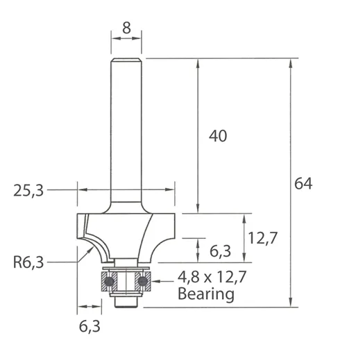 IGM M138 Zaoblovací fréza vydutá - R6,3 D25,3x12,7 L64 S=8 HW