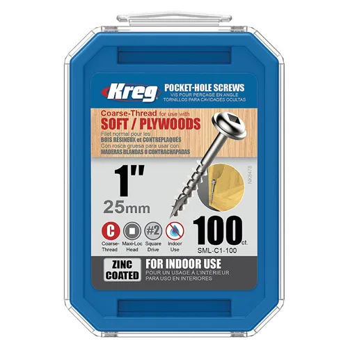 Kreg Zinc Maxi-Loc Šrouby pro skryté spoje - 25 mm, hrubý závit, 100 ks