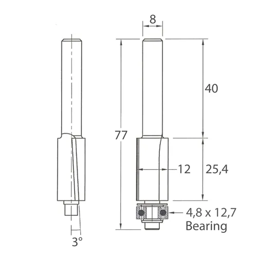 IGM M107 Ořezávací fréza se šikmým zubem - D12,7x25,4 L77 S=8 HW