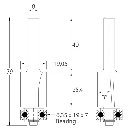 IGM M107 Ořezávací fréza se šikmým zubem - D19,05x25,4 L79 S=8 HW