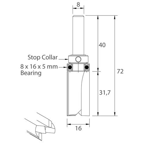 IGM M112 Drážkovací fréza s ložiskem - D16x31,7 L72 S=8 HW