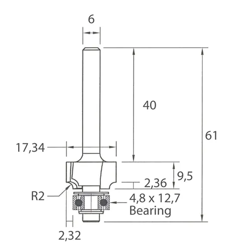 IGM M138 Zaoblovací fréza vydutá - R2 D17,34x9,5 L61 S=6 HW
