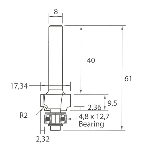 IGM M138 Zaoblovací fréza vydutá - R2 D17,34x9,5 L61 S=8 HW