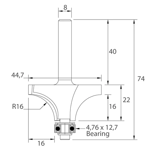 IGM M138 Zaoblovací fréza vydutá - R16 D44,7x22 L74 S=8 HW