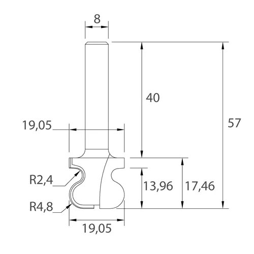 IGM M141 Fréza na rukojeti - R2,4-4,8 D19,05x17,46 L57 S=8 HW