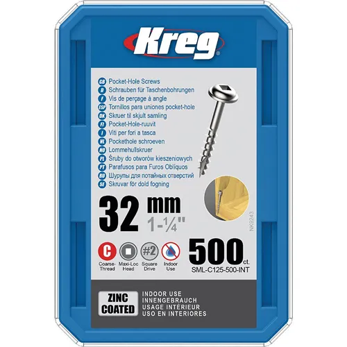 Kreg Zinc Maxi-Loc Šrouby pro skryté spoje, 32 mm, hrubý závit, 500 ks (Rozbalené)