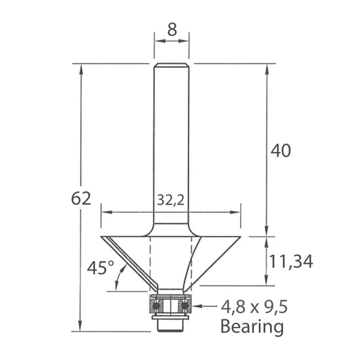 IGM M109 Úhlová fréza s ložiskem - 45° D32,2x11,34 L62 S=8 HW (Použito)